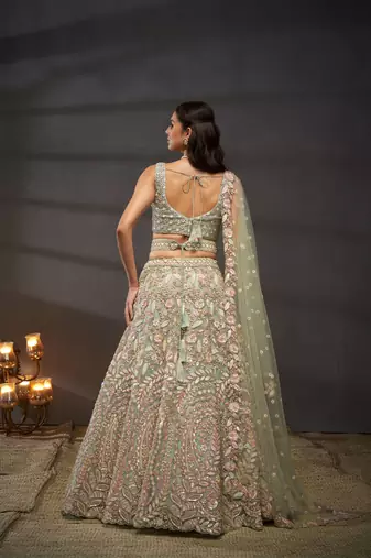 Sea green Net Multi Sequins with heavy Zarkan embroidery Lehenga choli & Dupatta