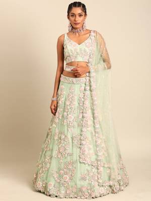 Lime Green Net Sequins with heavy Zarkan embroidery Semi-Stitched Lehenga choli & Dupatta 1