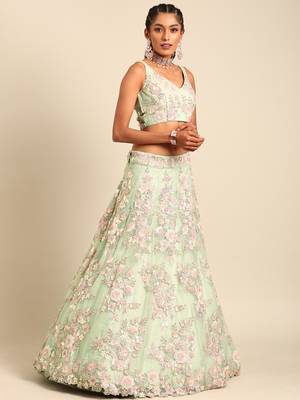 Lime Green Net Sequins with heavy Zarkan embroidery Semi-Stitched Lehenga choli & Dupatta 3