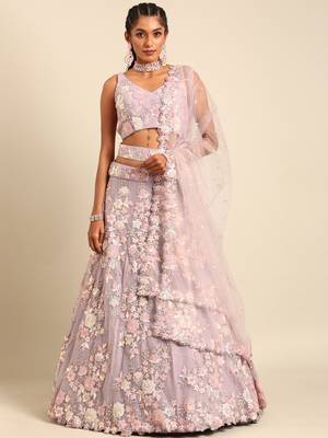 Mauve Net Sequins with heavy Zarkan embroidery Semi-Stitched Lehenga choli & Dupatta 1
