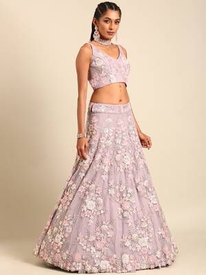 Mauve Net Sequins with heavy Zarkan embroidery Semi-Stitched Lehenga choli & Dupatta 3