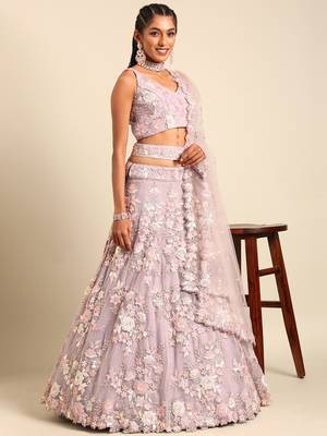 Mauve Net Sequins with heavy Zarkan embroidery Semi-Stitched Lehenga choli & Dupatta 5