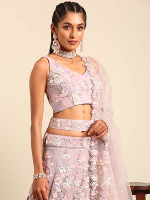 Mauve Net Sequins with heavy Zarkan embroidery Semi-Stitched Lehenga choli & Dupatta 6
