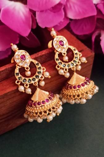Gold toned kemp jhumka jhumki earrings ruby emerald