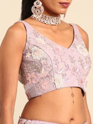 Mauve Net Sequins with heavy Zarkan embroidery Semi-Stitched Lehenga choli & Dupatta 8