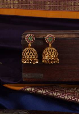 Matt gold toned jhumka jhumki earring with ruby emerald cz 1