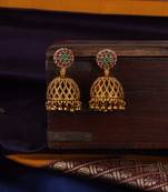 Matt gold toned jhumka jhumki earring with ruby emerald cz
