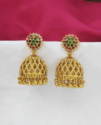 Matt gold toned jhumka jhumki earring with ruby emerald cz 2