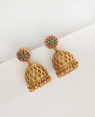 Matt gold toned jhumka jhumki earring with ruby emerald cz 3