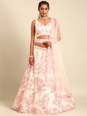 Cream Net Sequins with heavy Zarkan embroidery Semi-Stitched Lehenga choli & Dupatta 1
