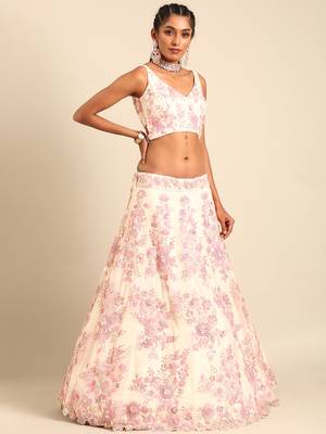 Cream Net Sequins with heavy Zarkan embroidery Semi-Stitched Lehenga choli & Dupatta 3