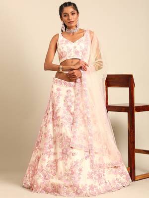 Cream Net Sequins with heavy Zarkan embroidery Semi-Stitched Lehenga choli & Dupatta 5