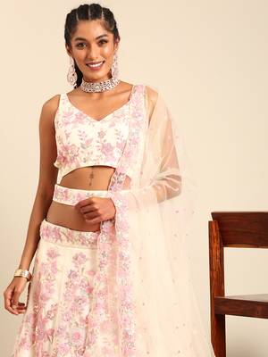 Cream Net Sequins with heavy Zarkan embroidery Semi-Stitched Lehenga choli & Dupatta 6