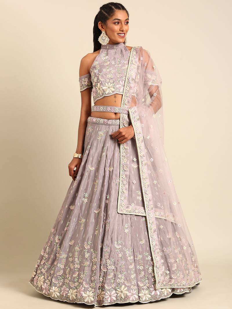 Mauve Pure Georgette Sequins with heavy Zarkan embroidery Semi-Stitched Lehenga choli & Dupatta