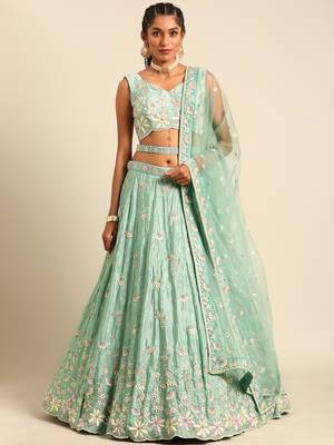 seagreen Pure Georgette Sequins with heavy Zarkan embroidery Semi-Stitched Lehenga choli & Dupatta 1