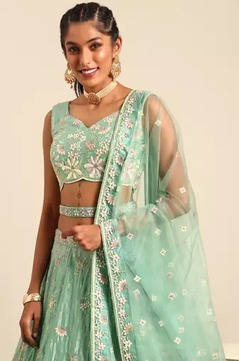 seagreen Pure Georgette Sequins with heavy Zarkan embroidery Semi-Stitched Lehenga choli & Dupatta