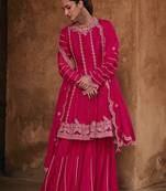 Dark magenta color chinon silk embroidered stitched designer dress