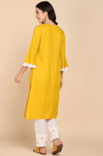 Vahson women pure cotton kurta pant set yellow