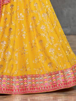 YELLOW BLACK SEQUINS THREAD & ZARI EMBROIDERED GEORGETTE DESIGNER WEDDING & PARTY WEAR FESTIVAL SEMI STITCHED LEHENGA 7