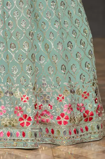 SKY BLUE SEQUINS THREAD & ZARI EMBROIDERED GEORGETTE DESIGNER WEDDING & PARTY WEAR FESTIVAL SEMI STITCHED LEHENGA