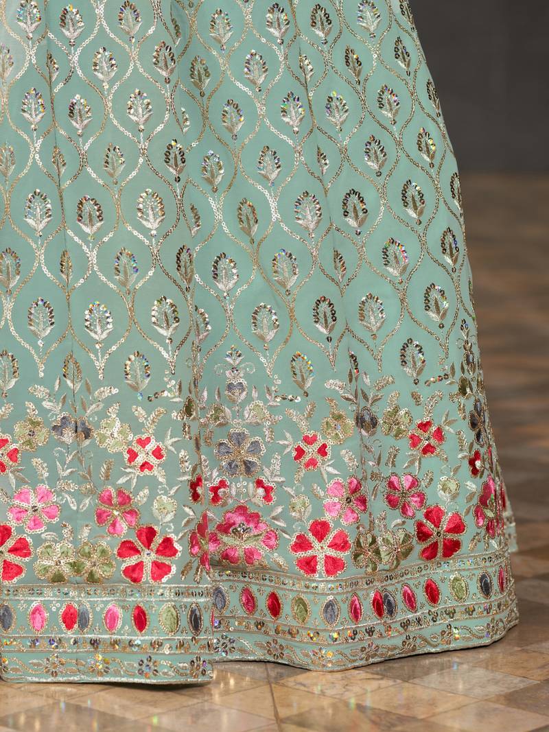 SKY BLUE SEQUINS THREAD & ZARI EMBROIDERED GEORGETTE DESIGNER WEDDING & PARTY WEAR FESTIVAL SEMI STITCHED LEHENGA
