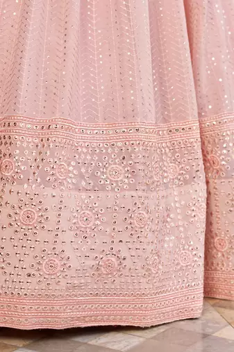 PINK SEQUINS THREAD & ZARI EMBROIDERED GEORGETTE DESIGNER WEDDING & PARTY WEAR FESTIVAL SEMI STITCHED LEHENGA