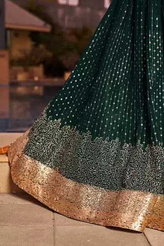 GREEN SEQUINS THREAD & ZARI EMBROIDERED GEORGETTE DESIGNER WEDDING & PARTY WEAR FESTIVAL SEMI STITCHED LEHENGA