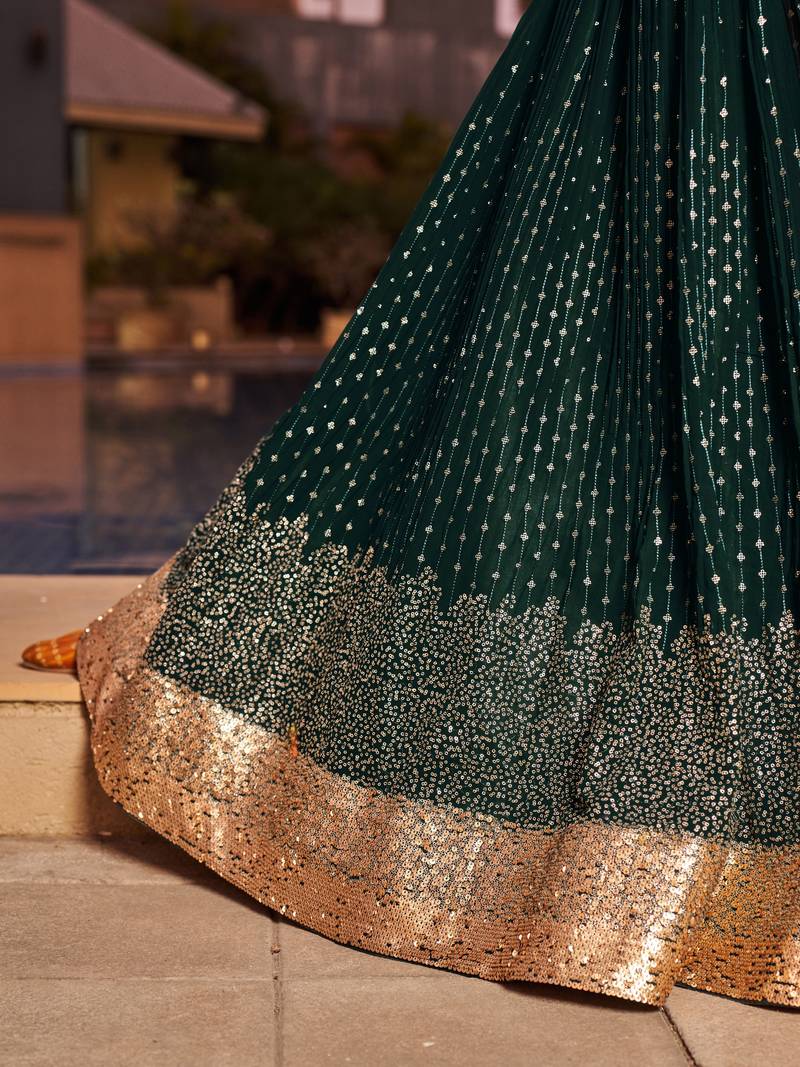 GREEN SEQUINS THREAD & ZARI EMBROIDERED GEORGETTE DESIGNER WEDDING & PARTY WEAR FESTIVAL SEMI STITCHED LEHENGA