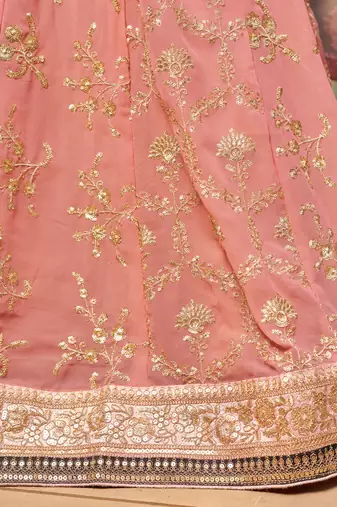 PINK BROWN SEQUINS THREAD & ZARI EMBROIDERED GEORGETTE DESIGNER WEDDING & PARTY WEAR FESTIVAL SEMI STITCHED LEHENGA