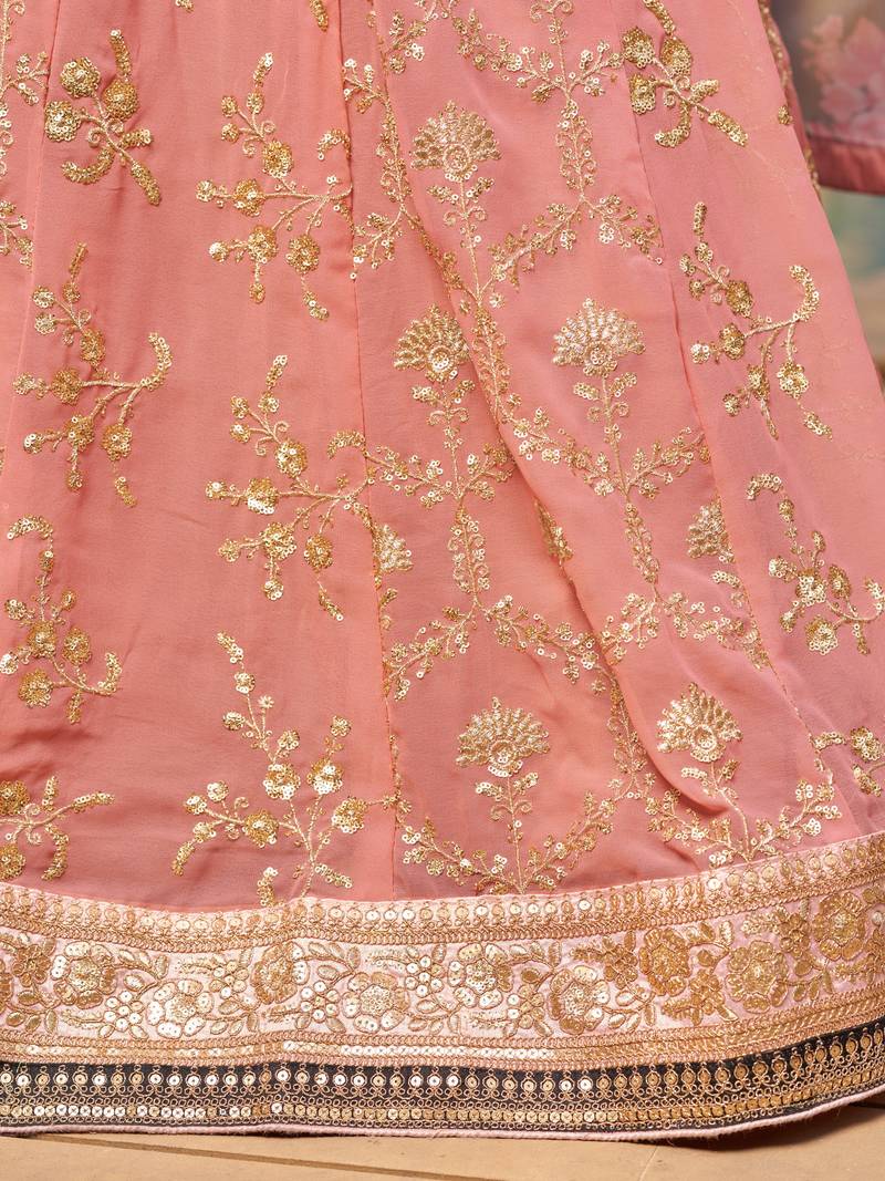 PINK BROWN SEQUINS THREAD & ZARI EMBROIDERED GEORGETTE DESIGNER WEDDING & PARTY WEAR FESTIVAL SEMI STITCHED LEHENGA
