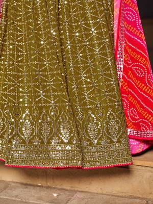 OLIVE PINK SEQUINS THREAD & ZARI EMBROIDERED GEORGETTE DESIGNER WEDDING & PARTY WEAR FESTIVAL SEMI STITCHED LEHENGA 7