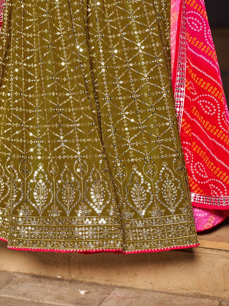 OLIVE PINK SEQUINS THREAD & ZARI EMBROIDERED GEORGETTE DESIGNER WEDDING & PARTY WEAR FESTIVAL SEMI STITCHED LEHENGA