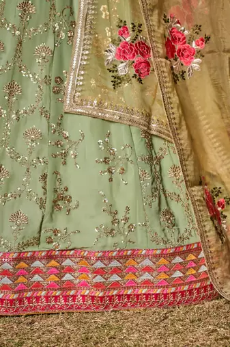 PISTA YELLOW SEQUINS THREAD & ZARI EMBROIDERED GEORGETTE DESIGNER WEDDING & PARTY WEAR FESTIVAL SEMI STITCHED LEHENGA