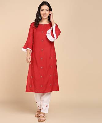 Vahson women pure cotton kurta pant set red 1