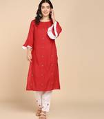 Vahson women pure cotton kurta pant set red