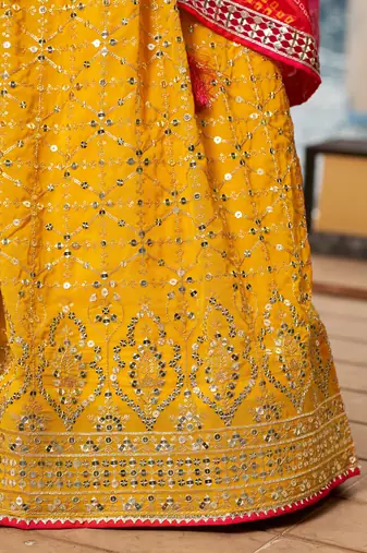 YELLOW PINK SEQUINS THREAD & ZARI EMBROIDERED GEORGETTE DESIGNER WEDDING & PARTY WEAR FESTIVAL SEMI STITCHED LEHENGA