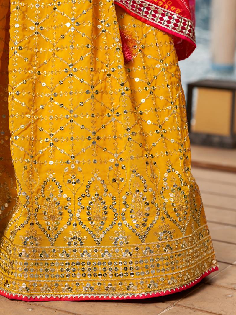 YELLOW PINK SEQUINS THREAD & ZARI EMBROIDERED GEORGETTE DESIGNER WEDDING & PARTY WEAR FESTIVAL SEMI STITCHED LEHENGA
