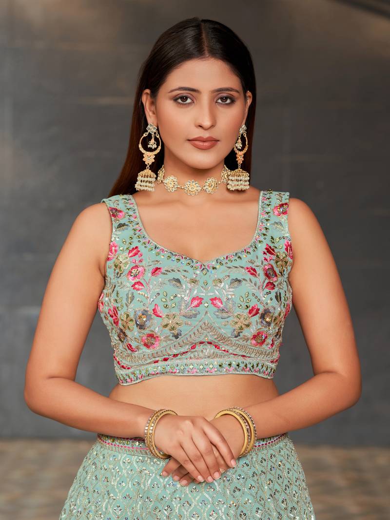 SKY BLUE SEQUINS THREAD & ZARI EMBROIDERED GEORGETTE DESIGNER WEDDING & PARTY WEAR FESTIVAL SEMI STITCHED LEHENGA