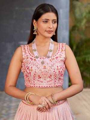 PINK SEQUINS THREAD & ZARI EMBROIDERED GEORGETTE DESIGNER WEDDING & PARTY WEAR FESTIVAL SEMI STITCHED LEHENGA 8