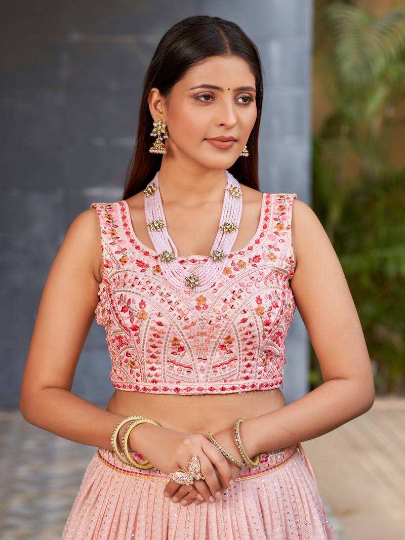 PINK SEQUINS THREAD & ZARI EMBROIDERED GEORGETTE DESIGNER WEDDING & PARTY WEAR FESTIVAL SEMI STITCHED LEHENGA