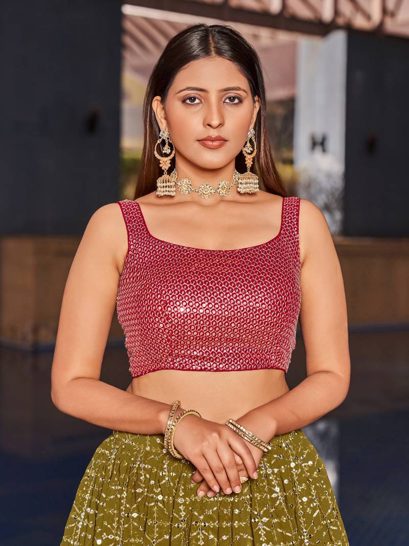 OLIVE PINK SEQUINS THREAD & ZARI EMBROIDERED GEORGETTE DESIGNER WEDDING & PARTY WEAR FESTIVAL SEMI STITCHED LEHENGA