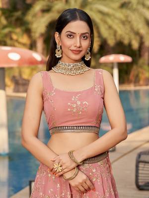 PINK BROWN SEQUINS THREAD & ZARI EMBROIDERED GEORGETTE DESIGNER WEDDING & PARTY WEAR FESTIVAL SEMI STITCHED LEHENGA 8