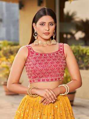 YELLOW PINK SEQUINS THREAD & ZARI EMBROIDERED GEORGETTE DESIGNER WEDDING & PARTY WEAR FESTIVAL SEMI STITCHED LEHENGA 7