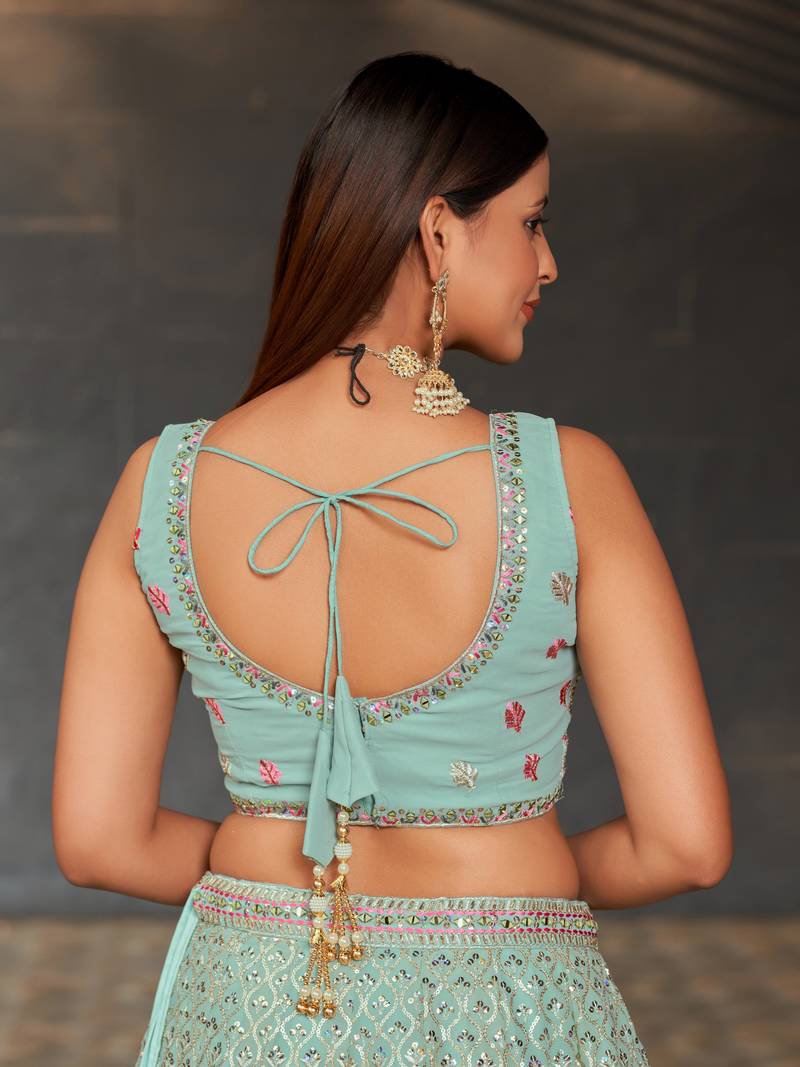 SKY BLUE SEQUINS THREAD & ZARI EMBROIDERED GEORGETTE DESIGNER WEDDING & PARTY WEAR FESTIVAL SEMI STITCHED LEHENGA