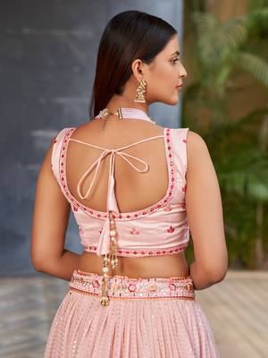 PINK SEQUINS THREAD & ZARI EMBROIDERED GEORGETTE DESIGNER WEDDING & PARTY WEAR FESTIVAL SEMI STITCHED LEHENGA 9