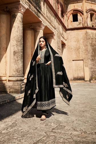 Black Embroidered Art Silk  Anarkali Suit Free size full stitched Up To 42" Size