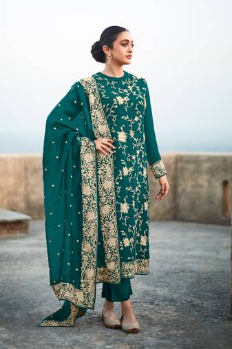 Teal Green Embroidered Organza   Straight Suit Free size full stitched Up To 42" Size