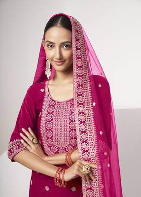 Pink velvet sequince zari embroidered work festival long straight salwar suit pent dupatta semi stitched 6