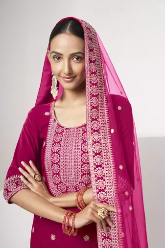 Pink velvet sequince zari embroidered work festival long straight salwar suit pent dupatta semi stitched