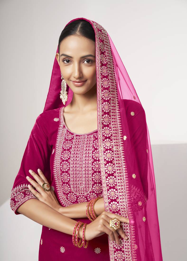 Pink velvet sequince zari embroidered work festival long straight salwar suit pent dupatta semi stitched